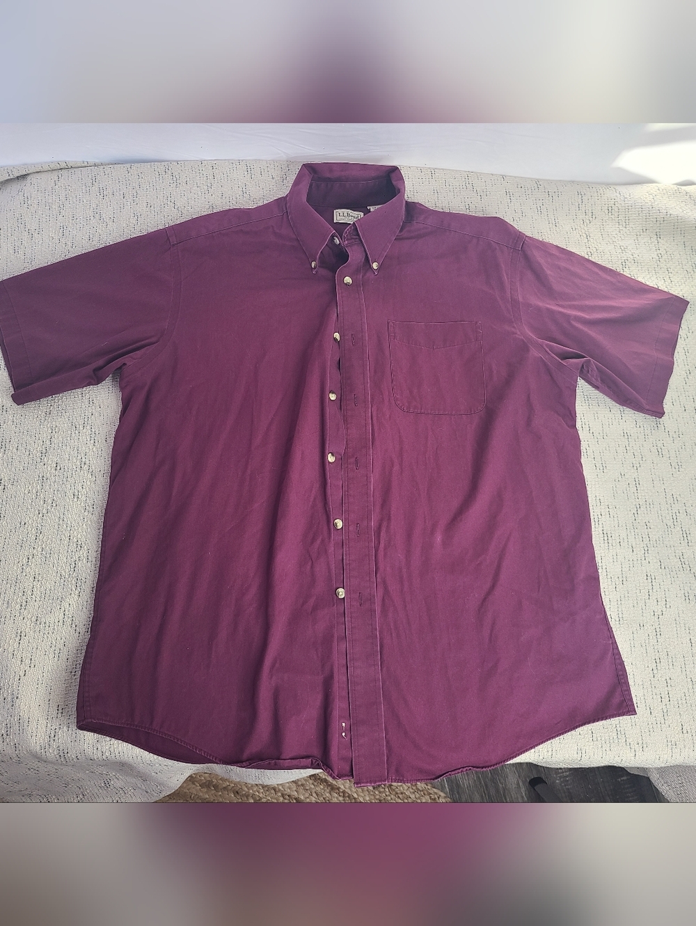 LL Bean Button Down Shirt Mens Large Maroon Burgundy Short Sleeve Cotton